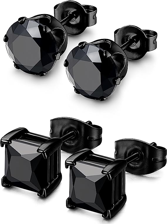 Besteel 2 Pairs Stainless Steel Mens Womens CZ Stud Earrings Pierced Earrings Black 20G 3-8mm