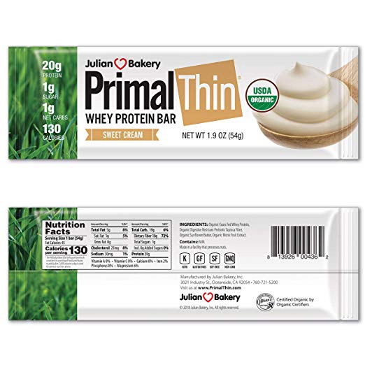 Primal Thin® 20g Protein Bar (Sweet Cream)(Organic Grass Fed Whey) (130 Cal) (1g Sugar) (1 Net Carb) (Gluten-Free) (12 Bars)