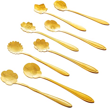 Zestlove Gold Coffee Spoons Set Dessert Spoons Tea Stirring Mixing Spoons Ice Cream Spoons Creative Tableware (8 Gold Flower)