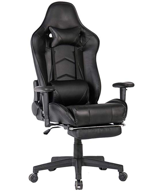 Gaming Chair with Footrest Ergonomic Computer Gaming Chairs Video Game Chair PC Racing Computer Chair for Gamer with Lumbar Support (Black with Footrest)