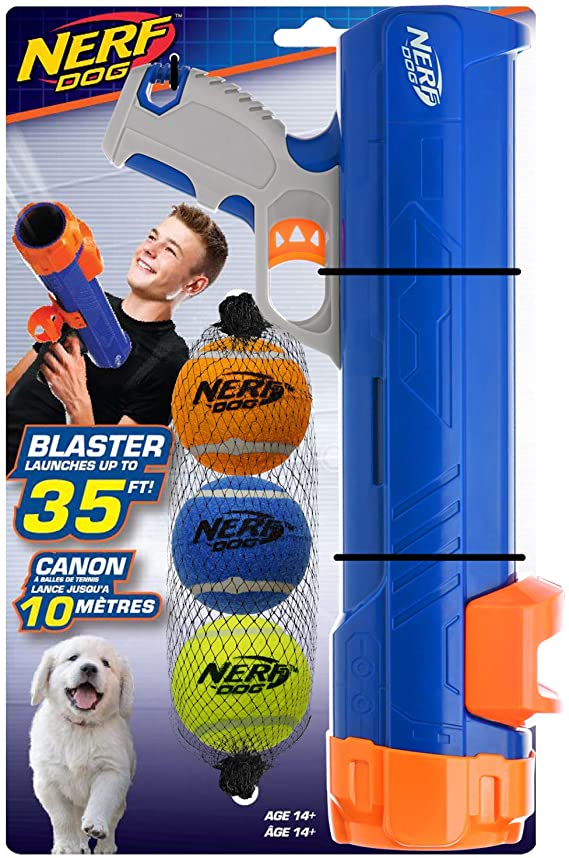 Nerf Dog 12in Blaster w/o Ball Clip 3 2in Squeak Tennis Balls - Opaque Blue/Orange/Gray and Orange and Blue and Green