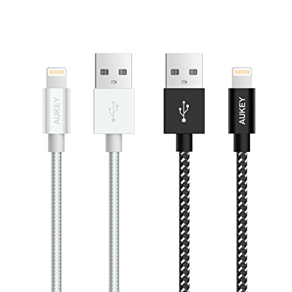 AUKEY Lightning Cable ( 2 x 2m / 6.6ft ) [ Apple MFi Certified ] Nylon Braided iPhone Cable Metal Shell for iPhone X / 8 / 8 Plus / 7 Plus / 7 / SE / 6s / 6s Plus / 6 / 6 Plus - Black / Silver