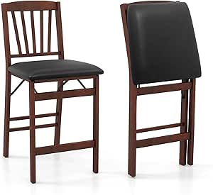 COSTWAY Set of 2 Counter Height Chairs, 24.5" Bar Stools Set, Folding Kitchen Island Stool with Padded Seat, Footrest & Rubber Wood Legs, No Assembly Needed, Portable Bar Chair for Dining Room (2)