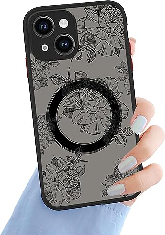 Ownest Compatible with iPhone 13 Case, Magnetic Fitting for MagSafe for Clear Frosted PC Back 3D Flowers Floral Girls Woman and Soft Silicone Slim Shockproof Case for iPhone 13-Black