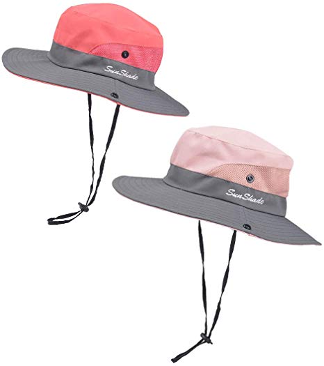 2 Pack Kids Girls Ponytail Summer Sun Hat Wide Brim UV Protection Bucket Cap