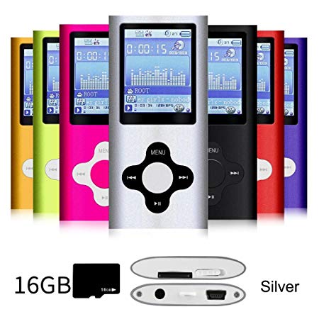 G.G.Martinsen Silver Versatile MP3/MP4 Player a 16GB Micro SD Card, Support Photo Viewer, Radio Voice Recorder, Mini USB Port 1.8 LCD, Digital MP3 Player, MP4 Player, Video/Media/Music Player