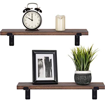 Mkono Rustic Wood Floating Shelves Industrial Wall Mounted Shelving Set of 2 Wall Storage Shelves with L Brackets for Bedroom, Living Room, Bathroom, Kitchen, Office