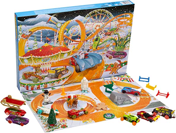 Hot Wheels Advent Calendar, 8 Hot Wheels Holiday-Themed Toy Cars Plus Assorted Accessories with Playmat, Gift & Toys for Kids 3 Years Old & Older