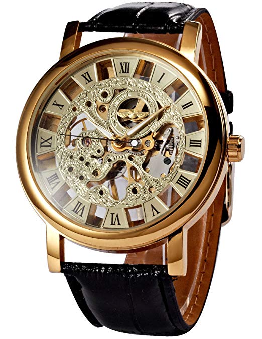 Classic Roman Golden Skeleton Mechanical Leather Business Men Man Watch PMW217