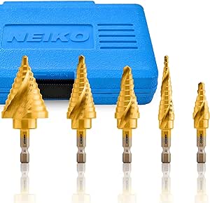 NEIKO 10173A Step Drill Bit Set for Metal and Wood, 5 Piece SAE, Spiral Grooved for Faster Drilling, Step Bits with 50 Total Step Sizes, Titanium Coated Unibits