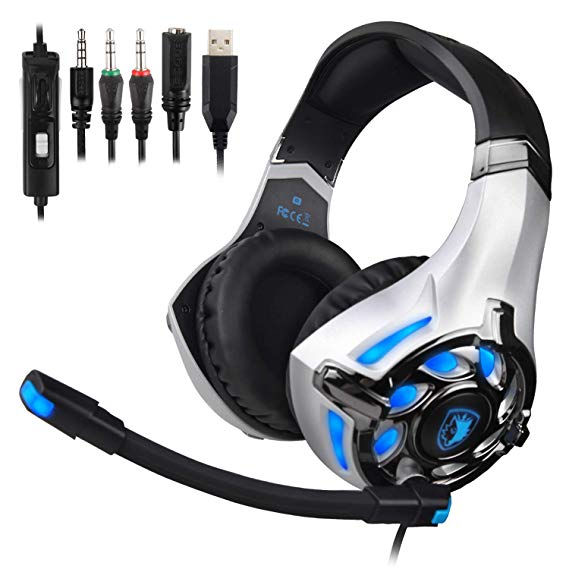 SADES SA822T Stereo Gaming Headset for Xbox One,PS4,PC,Controller,Surround Sound Soft Earmuffs Over-Ear Headphones with Noise Cancelling Mic,USB LED Lights,Volume Control for Laptop,Mac,Phone,Nintendo