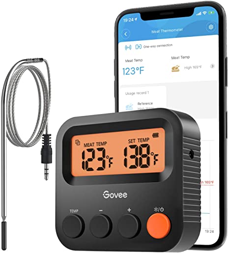 Govee Bluetooth Meat Thermometer, Wireless Grill Thermometer with 1 Probe, Backlight Screen, 230ft Remote Monitoring, Smart Alert Notification for BBQ Smoker Oven