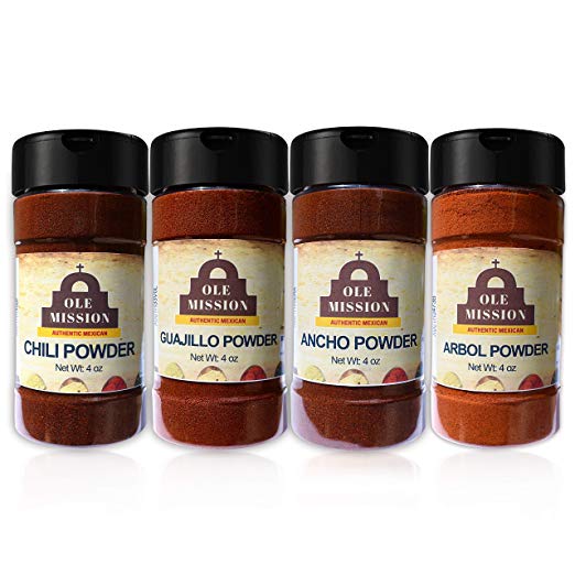 Chili Powder Kit 4 Pack 16 oz - Tex Mex Pure Spice Mix, Ancho, Guajillo, Arbol Great For Texas Mexican Style Chili By Ole Mission