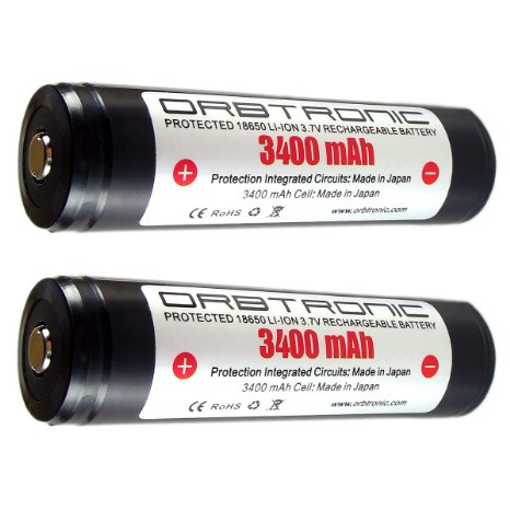ORBTRONIC 3400mAh Two 18650 PROTECTED PANASONIC 3.7V Rechargeable High Performance Li-ion Batteries - 10 Amp Dual Protection - For High Power 18650 Flashlights - Protective Battery Case Included