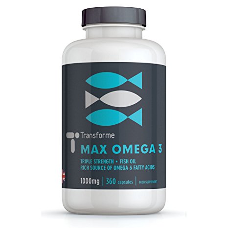 Max Omega 3 Fish Oil 1000mg | 360 Capsules | Triple Strength EPA & DHA | Omega 3 Fatty Acids 550mg | Manufactured in the UK | Transforme