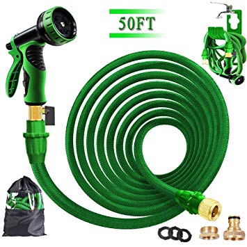 Liwison 50 ft Expandable Garden Hose Pipe -Magic Water Hose with Double Latex Core, 3/4" Solid Brass Fittings, Extra Strength Fabric - Flexible Expanding Hose with 9 Function Spray Nozzle (50FTGreen)