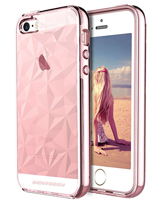 iPhone 5S Case, iPhone SE Case, iPhone 5 Case, BENTOBEN Shockproof Slim Clear with 3D Prism Pattern Design TPU PC Hybrid Protective Phone Case Cover for iPhone 5S/ 5/ SE for Girls, Rose Gold