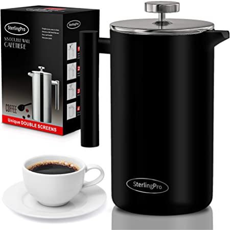 SterlingPro French Press Coffee Maker-Double Walled Large Coffee Press with 2 Free Filters- Granule-Free Coffee, Stylish Rust Free Kitchen Accessory-Stainless Steel French Press (1L, Black)