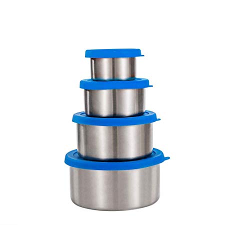 Metal Stainless Steel Food Storage Containers with Silicone Lids, Set of 4 (Blue) for Lunch, Snack | No-Plastic, Non-Toxic and Leakproof by Little Honu