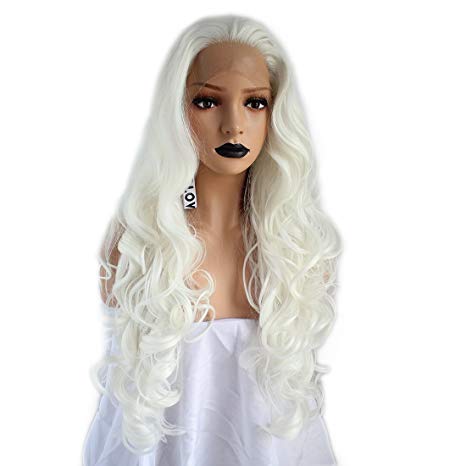 Anogol Hair Cap Women's Synthetic Pure White Lace Front Wig Long Curly Hair Replacement Wigs Natural Hairline For Daily Life
