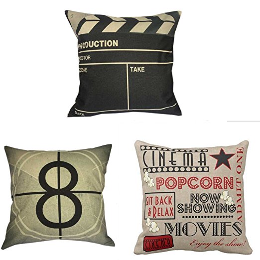 Movie Theater Cinema Personalized Cotton Linen Square Burlap Decorative Throw Pillow Case Cushion Cover 18 Inch (3 Pack)