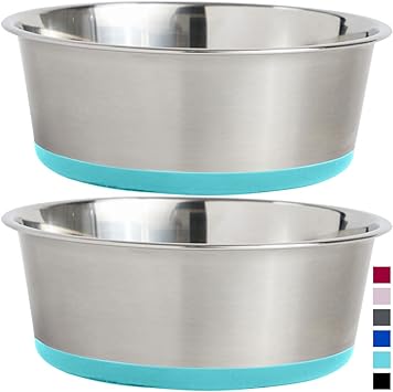 Gorilla Grip Stainless Steel Metal Dog Bowl Set of 2, Rubber Base, Heavy Duty, Rust Resistant, Food Grade BPA Free, Less Sliding, Quiet Pet Bowls for Cats and Dogs, Holds 3 Cups (24 fl oz), Turquoise