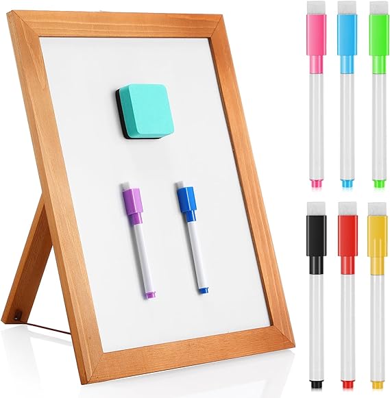 Chuangdi Desktop Dry Erase Board Whiteboard with Stand 14"x11" Desktop Whiteboard Wooden Frame White Writing Board with 8 Pcs Marker Pens 1 Magnetic Eraser for School Office Restaurant Menu Supplies