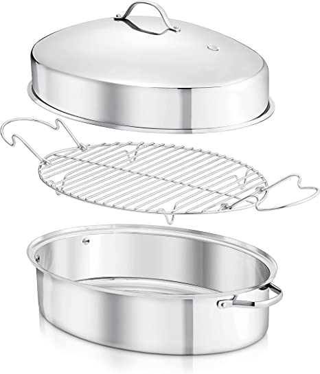 Oval Roasting Pan, Roaster with Polished Rack, Wide Handle and Stainless Steel Lid, Turkey Chicken Roasting Pan Great for Thanksgiving Dinners, Tender Roast, Deep Dishes, and More