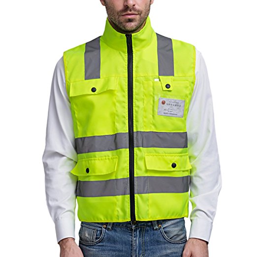 Panegy Adult's Multi Pockets Sleeveless High Visibility Zipper Front Safety Vest with Reflective Strips Neon