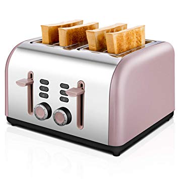 4 Slice Toaster, CUSIBOX Stainless Steel Toaster Four Wide Slots with 7 Bread Browning Settings, REHEAT/DEFROST/CANCEL Function, 1400W, Pink Gold