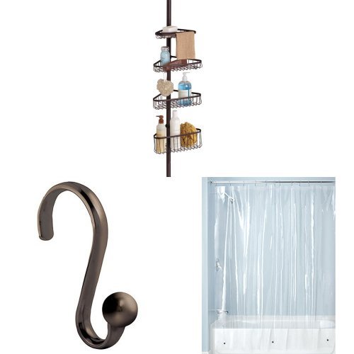 InterDesign 3-Piece Bathroom Shower Set: York Tension Pole Shower Caddy, PEVA 3-Gauge Shower Curtain Liner, Axis Steel S-Hook Shower Rings – Bronze, Clear