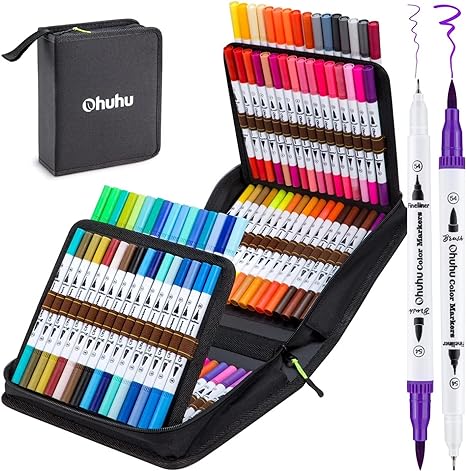 Ohuhu Markers for Adult Coloring Books: 100 Colors Brush Pens Dual Brush Fine Tip Drawing Pens Water-Based Coloring Markers for Calligraphy Bullet Journal with Carrying Case -Maui (White Package)