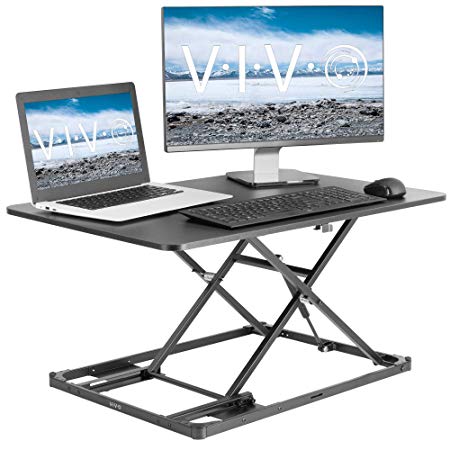 VIVO Black Ultra-Slim Single Top Height Adjustable 31 inch Standing Desk Converter | Compact Sit Stand Desktop Riser for Monitor or Laptop (DESK-V000I)