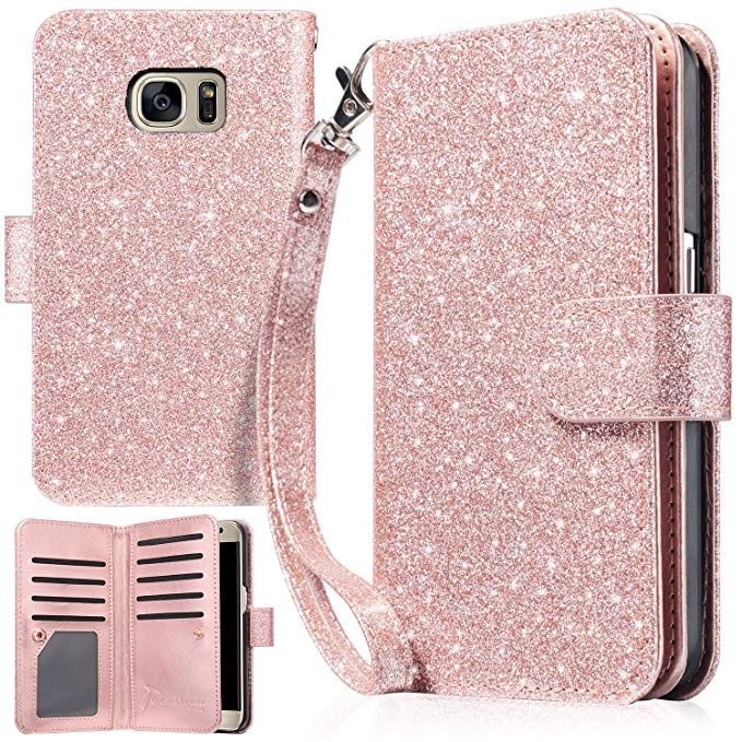 UrbanDrama Case for Galaxy S7, S7 Wallet Case Sparkly Glitter Hand Wristlet Magnetic Snap Closure Folio PU Leather Kickstand Magnetic Cash &Card Slot Protective Case for Samsung Galaxy S7, Rose Gold