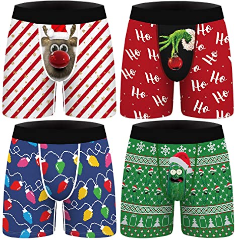 FLYCHEN Men Christmas 4 Pack Boxer Briefs 3D Printed Funny Underwear