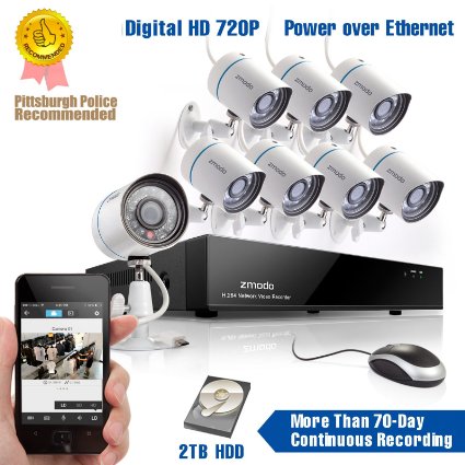 [Pittsburgh Police "VIRTUAL BLOCK WATCH" Program Selected] Zmodo® 8CH 720P PoE NVR HD Security Camera System with 8 Indoor/ Outdoor Night Vision 720P Security Cameras and WD 2TB 3.5 Inch SATA Surveillance HDD (PoE Technology, e-Cloud, Up To 70 Days Basic/Continuous Recording OR 300 Days Smart Recording, Smartphone Scan QR Code Quick Remote Access)
