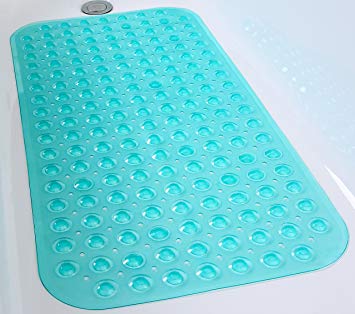 Tike Smart Non-Slip Bathtub Mat 31”x16” (for Smooth/Non-textured Tubs Only) Safe, Clean, Anti-bacterial, Machine-washable, Superior Grip&Drainage, Vinyl Bath Mat, Transparent Turquoise …