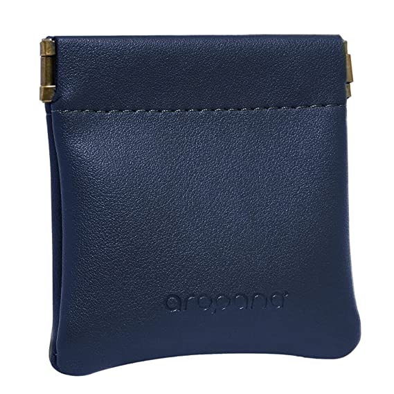 Aropana Self Closing Leather Squeeze Coin Purse Waterproof Portable Earphone AirPods Pouch Mini Storage Jewellery Bag Change Holder for Men & Women (8CM*7.5CM) Navy Blue