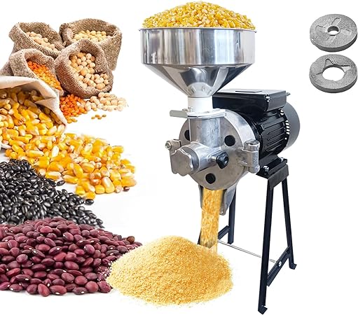 Eachbid 1500W Dry&Wet Electric Grain Mill Corn Grinder with Funnel, 2 in1 Commercial Thickness Adjustable Molino De Ma Electrico Heavy Duty Cereals Wheat Grinder for Rice Coffee Feed Mill Flour