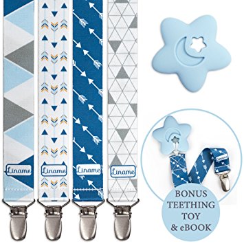 Liname Pacifier Clip for Boys with BONUS Teething Toy & eBook - 4 Pack Gift Packaging - Premium Quality & Unique Design - Pacifier Clips Fit ALL Pacifiers & Soothers - Perfect Baby Gift
