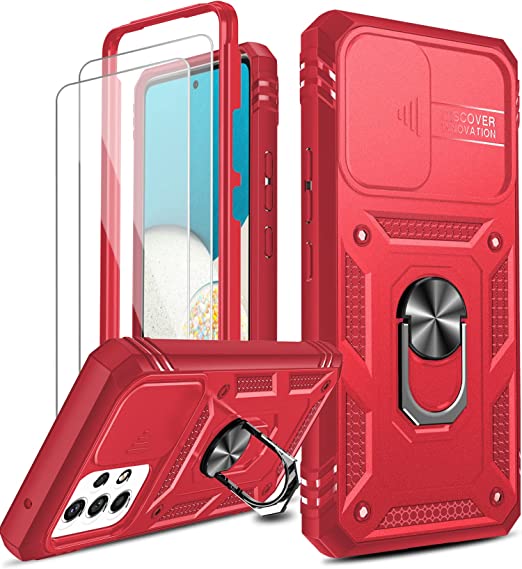 LeYi Samsung A53 5G Case, Galaxy A53 5G Case with Slide Camera Cover   [2 Packs] Tempered Glass Screen Protector, 360 Full Body Protective Phone Case with Kickstand for Samsung Galaxy A53 5G, Red