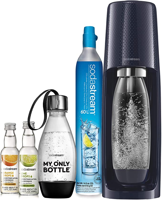 SodaStream Fizzi Sparkling Water Machine Bundle (Navy), with CO2, 1/2 Liter BPA-Free My Only Bottle, and 0 Calorie Fruit Drops Flavors