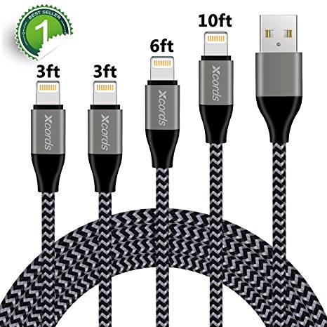 iPhone Charger Cable, Xcords Lightning Cable Nylon Braided Charging Cord 4Pack 3FT 3FT 6FT 10FT Compatible with iPhone X 8 7 7 Plus 6 Plus 5 iPad and iPod Nano -- Black