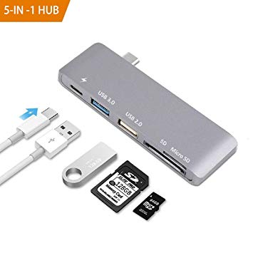 USB Type C Hub Adapter, Yuanj 5 in 1 Multi-Port USB 3.0 Type-C Adapter with 1 USB 3.0 Port, 1 USB 2.0 Port, SD/Micro Card Reader and USBC Charging Port, Type-C USB for MacBook Pro and More - Aluminum