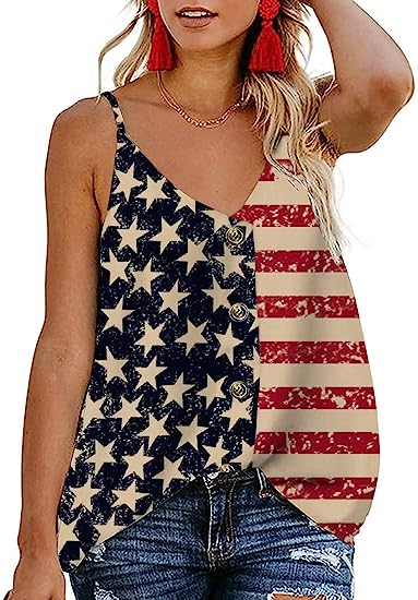 Memorial Day Women's Summer Patriotic American Flag Button Down Strappy Cami Tank Blouses Tops