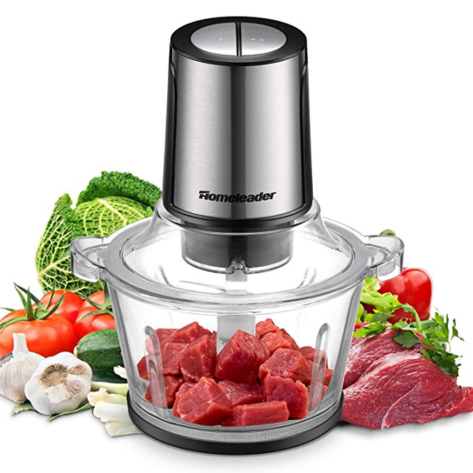 Electric Food Chopper, 8-Cup Food Processor by Homeleader, 2L BPA-Free Glass Bowl Blender Grinder for Meat, Vegetables, Fruits and Nuts, Fast & Slow 2 Speeds, 400W