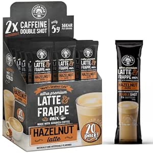 The Frozen Bean - Hazelnut Frappe & Latte Instant Mix with Arabica Coffee, Double Caffiene, Low Sugar - for Hot, Iced, or Frappuccino-Style Blended Drinks - (20) 0.53oz Single Serve Sticks