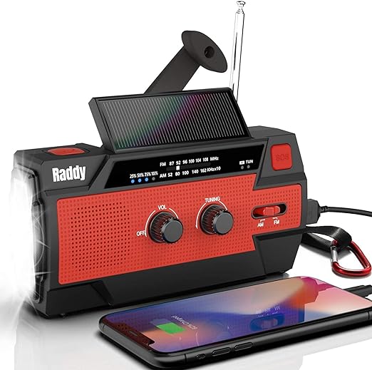 Raddy SW3 Radio de manivela 5000mAh Radio de Emergencia Solar portátil con Radio Am/FM Carga de teléfono USB Linterna LED Alarma SOS para Acampar al Aire Libre (Rojo)