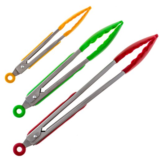Silicone Kitchen Tongs - pack of 3 includes 9 inch Salad Tongs 12 inch Barbecue BBQ Grill tongs and 7 inch Mini Tongs - Stainless Steel Food Tongs With Silicone Tips for Extra Grip Red Yellow and Green