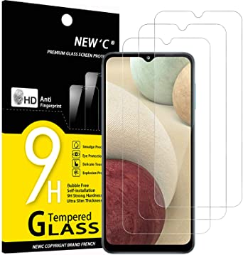 NEW'C 3 Unidades, Protector de Pantalla para Samsung Galaxy A12, Galaxy A02s, Antiarañazos, Antihuellas, Sin Burbujas, Dureza 9H, 0.33 mm Ultra Transparente, Vidrio Templado Ultra Resistente